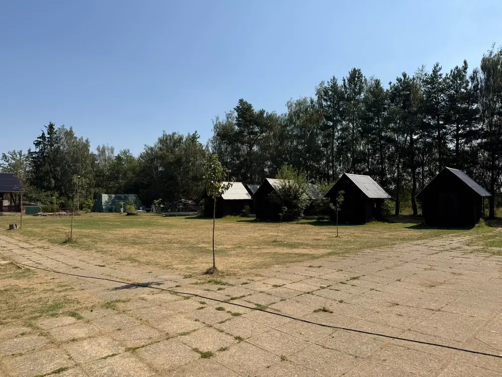 Travnatá plocha s chatkami na okraji lesa